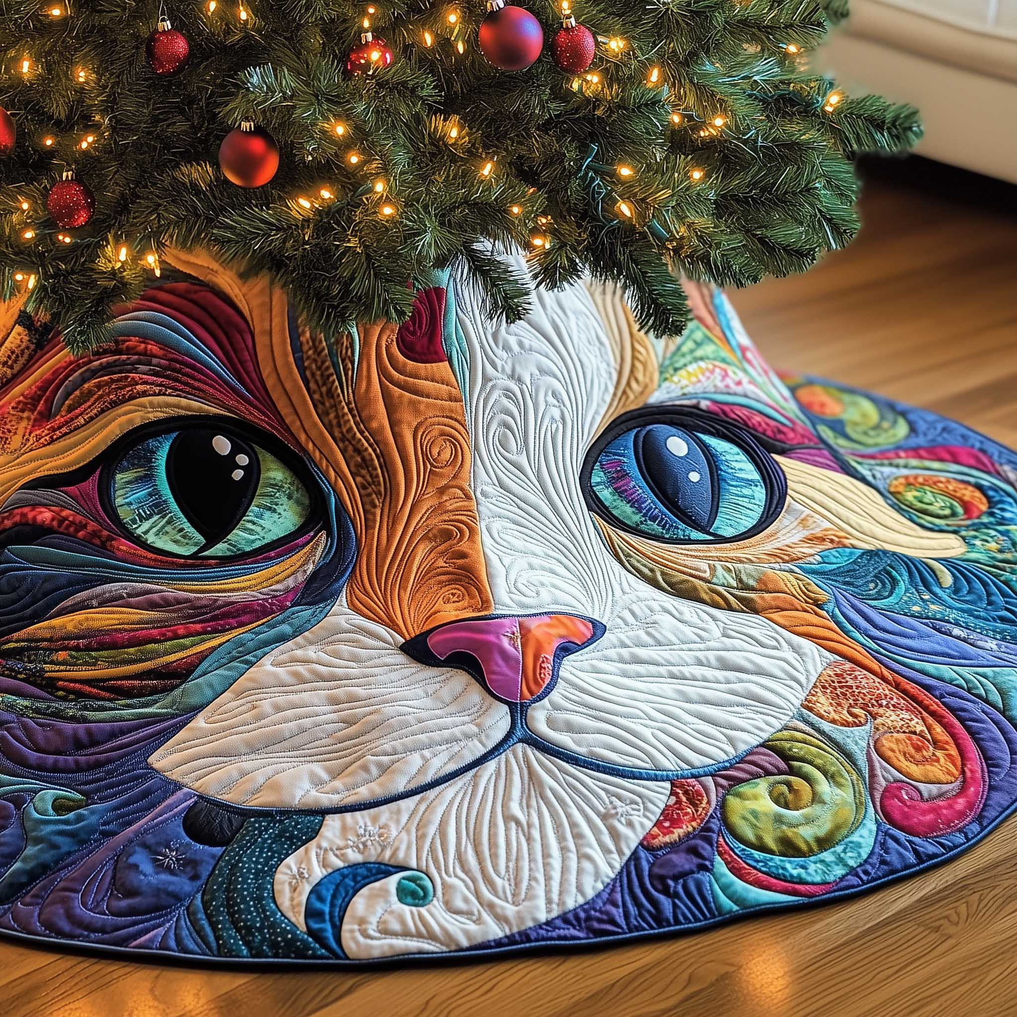 Cat Purrs Quilted Tree Skirt Xmas Room Decorating Cute Pet Gifts For Cat Owners