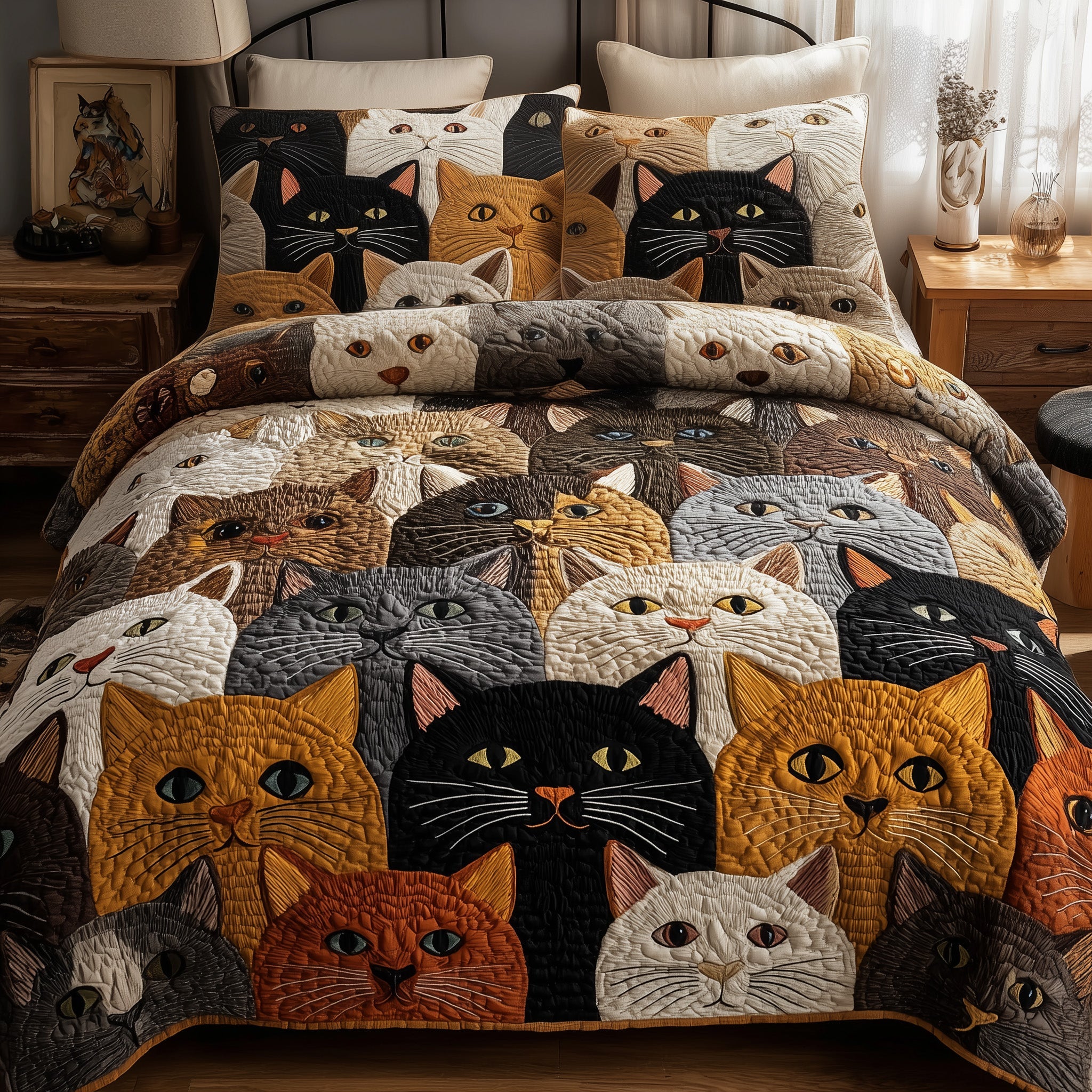 Cat Quilted Bedding Set Duvet Cover Bedspread Cat Parent Gifts