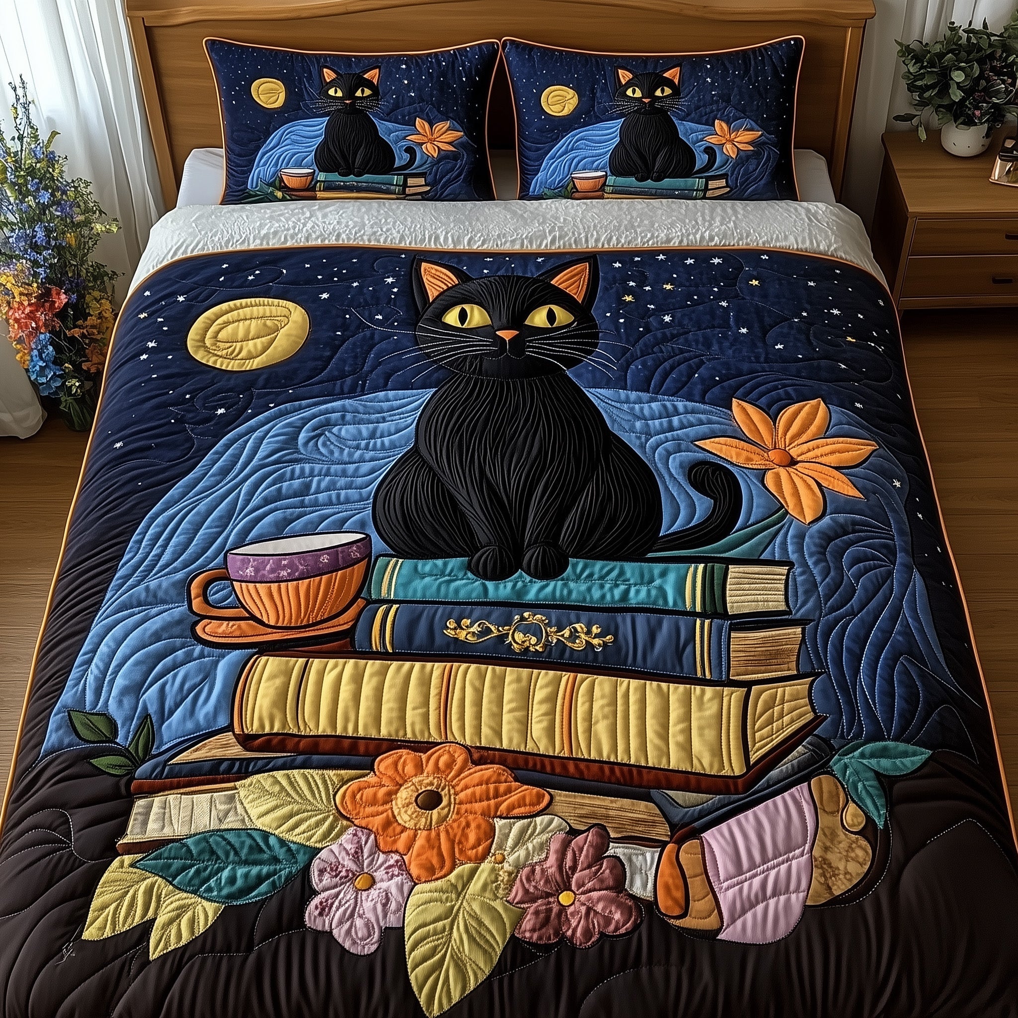 Cat Quilted Bedding Set For Couples