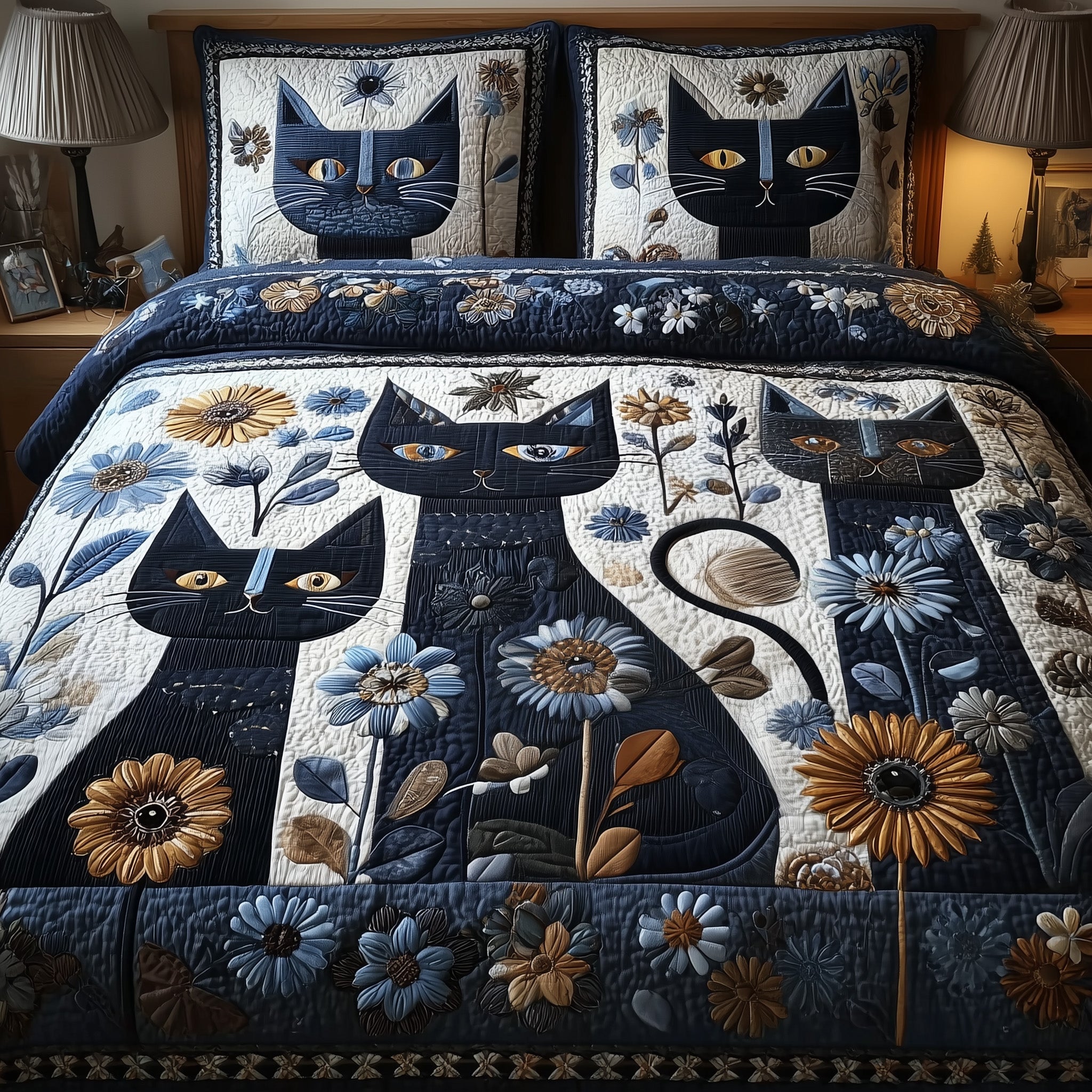 Cat Quilted Bedding Set Linen Blend