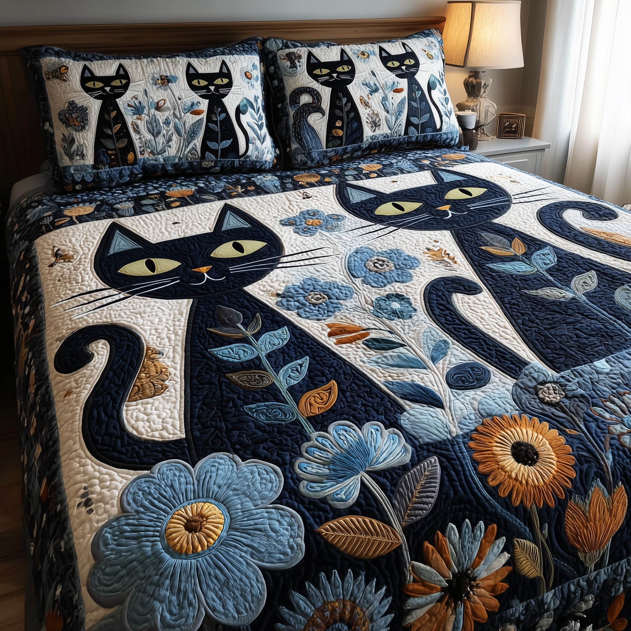 Cat Quilted Bedding Set Microfiber