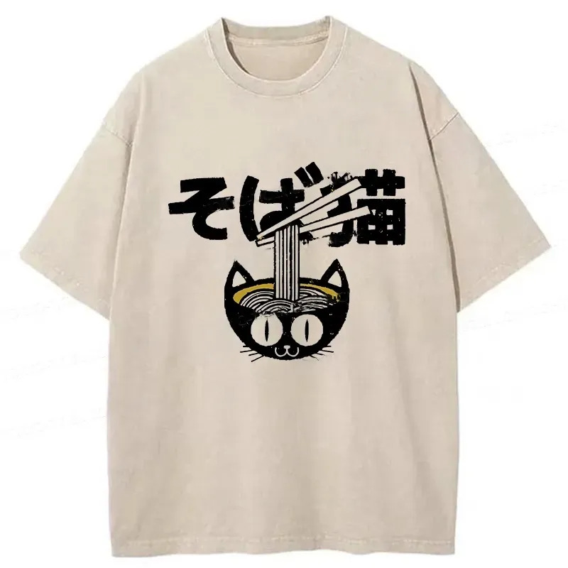 Cat Ramen Bowl Washed T-Shirt Retro Humor Graphic Top Gifts For Sister