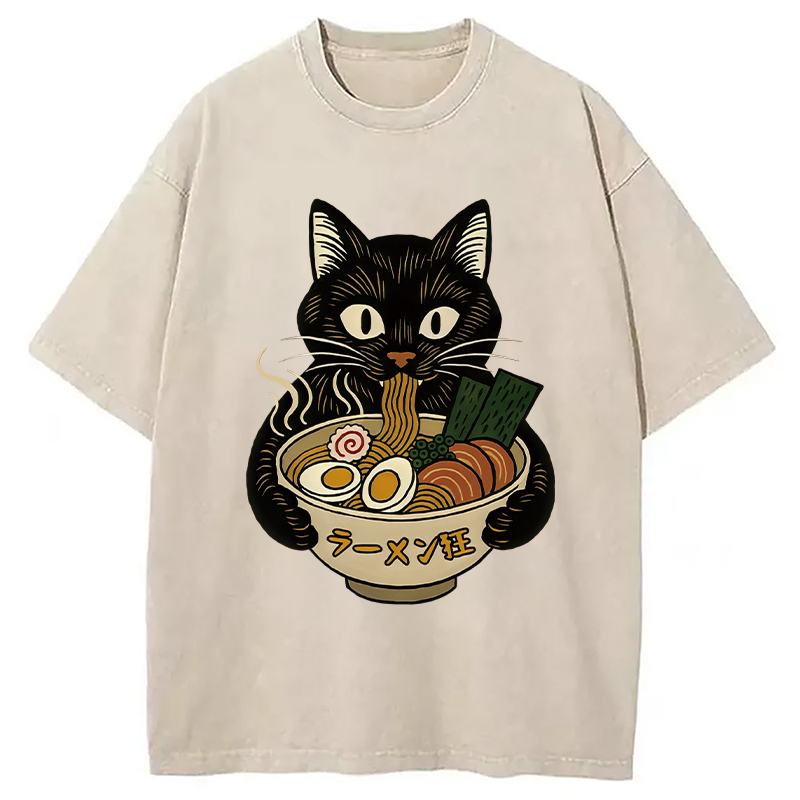 Cat Ramen Fanatic Washed T-Shirt Everyday Comfort Graphic Shirt Gifts For Him