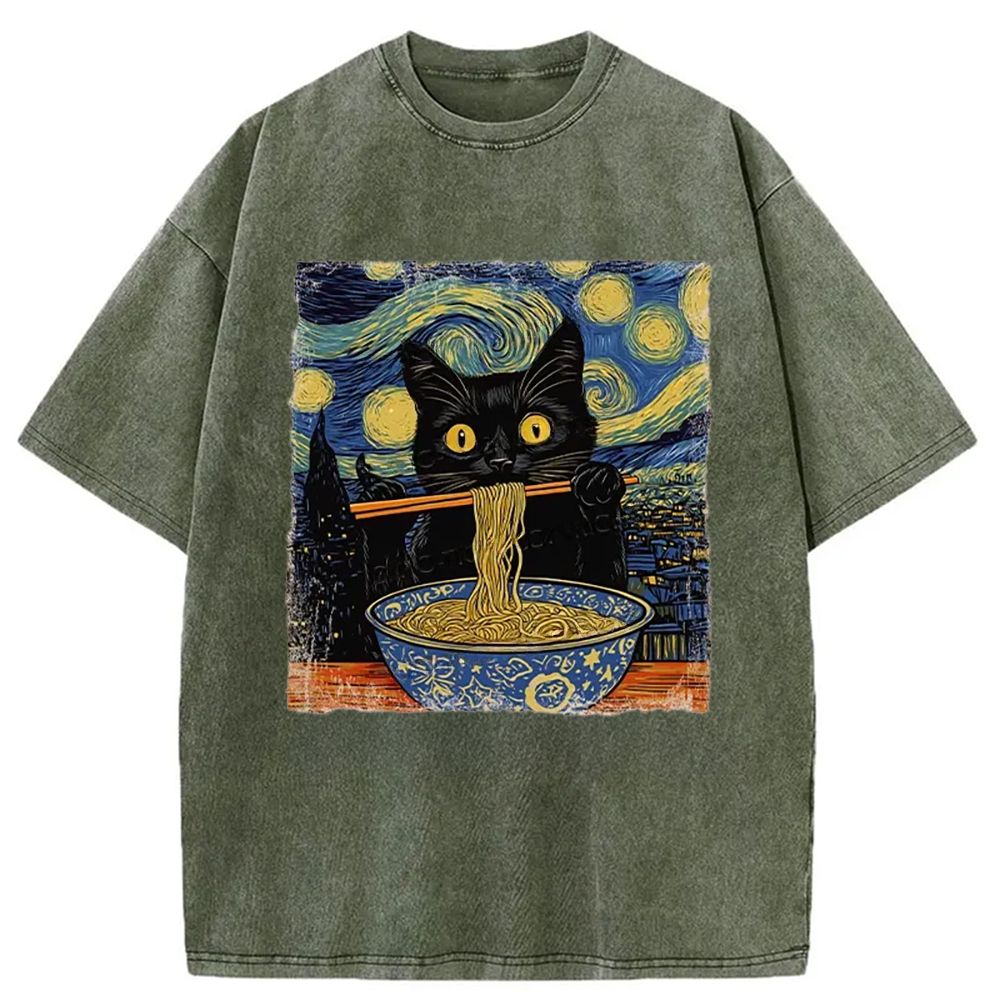 Cat Ramen Lover Washed T-Shirt Funny Aesthetic Trendy Apparel Gifts For Best Friend