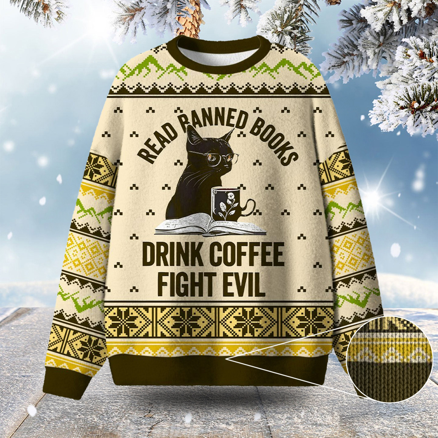 Cat Read Banned Books Drink Coffee Fight Evil Ugly Christmas Sweater Book Reader Christmas Gifts