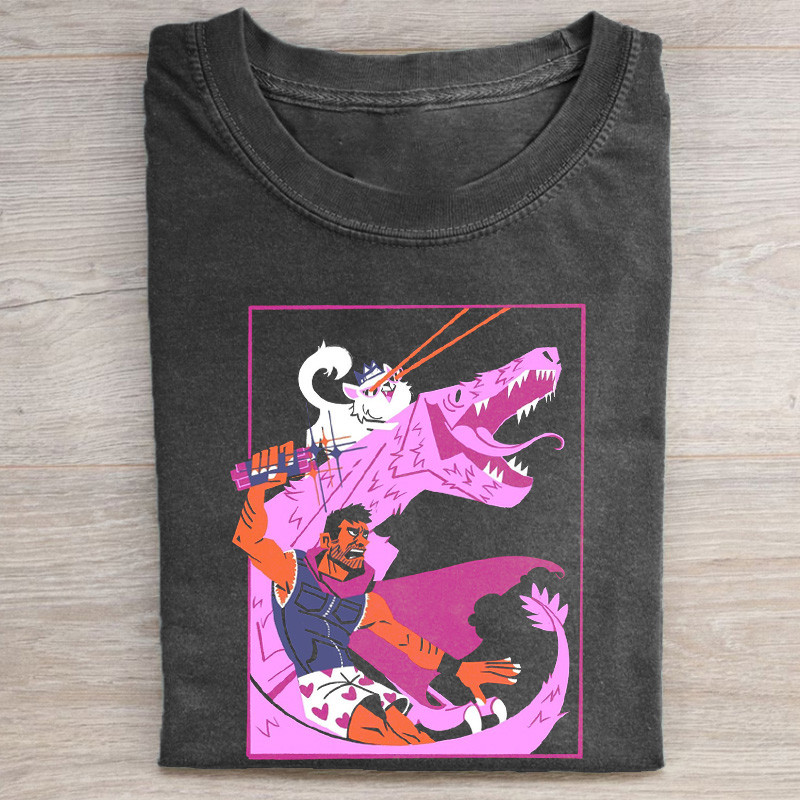 Cat Riding Dinosaur Laser Eyes T-Shirt Funny Retro Gaming Apparel Gift For Men