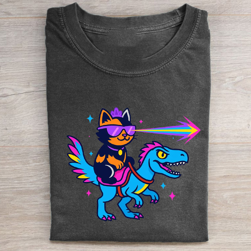 Cat Riding Dinosaur Laser Eyes T-Shirt Mongo Is Appalled Merch Gifts For Teens