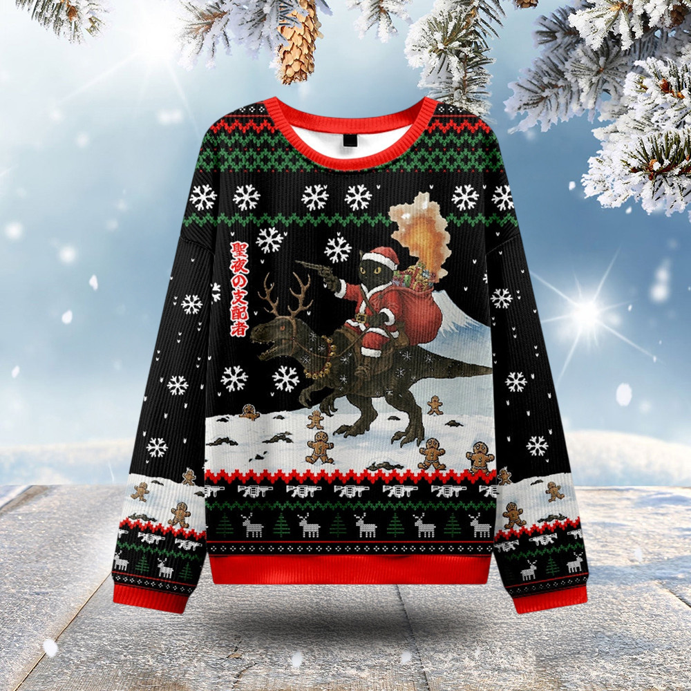 Cat Riding Dinosaur Ugly Christmas Sweater Christmas Fashion Silly Christmas Gifts
