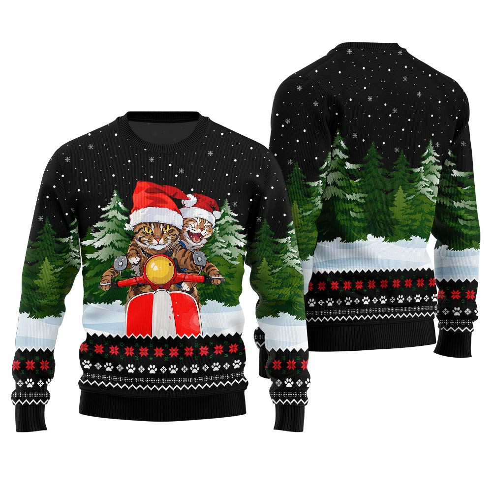 Cat Riding Motorcycle Ugly Christmas Sweater Perfect Gift Sweater for Friends and Family