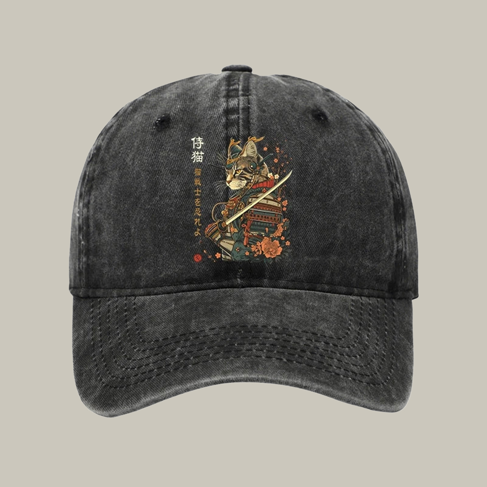 Cat Samurai Japanese Art Washed Cap Cool Baseball Caps Xmas Gifts For Cat Lovers