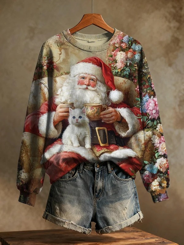 Cat Santa Sits On Sofa Christmas Sweatshirt Cute Holiday Gifts For Cat Lovers
