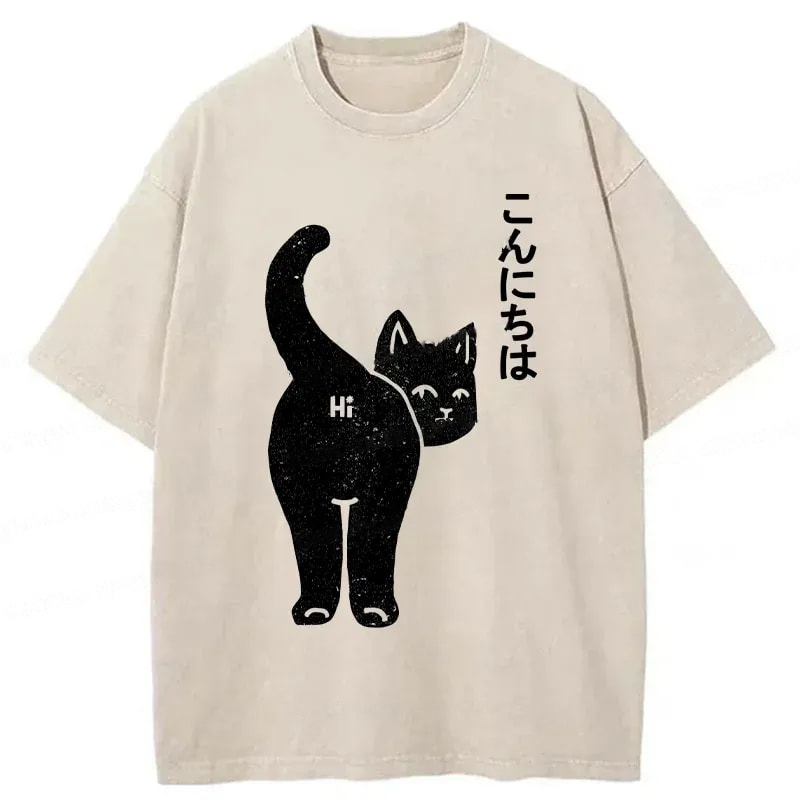 Cat Saying Hi Washed T-Shirt Soft Cotton Daily Wear Tee Gifts For Sister