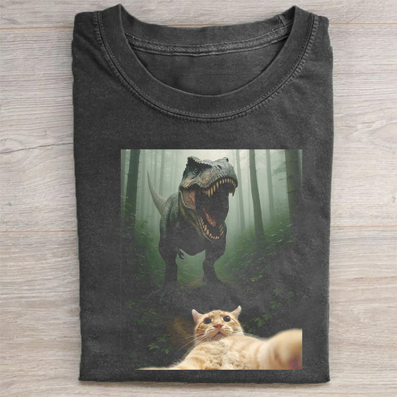 Cat Selfie With Dinosaur Funny T-Shirt Creative Cat Lovers Merch Best Gift For Pet Owners