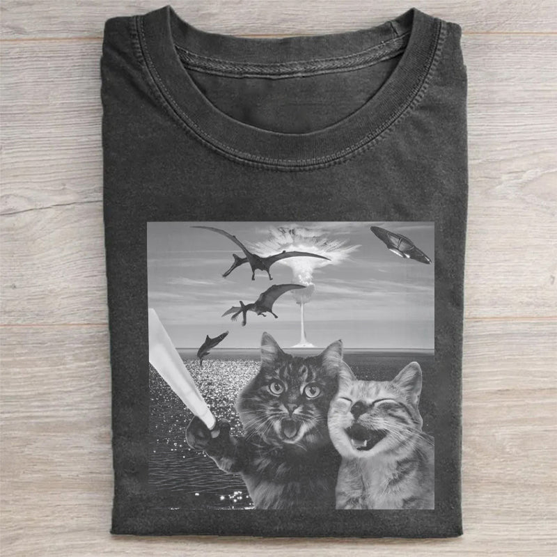 Cat Selfie With Dinosaur Funny T-Shirt Funny Cat Merch Best Gift For Animal Lovers