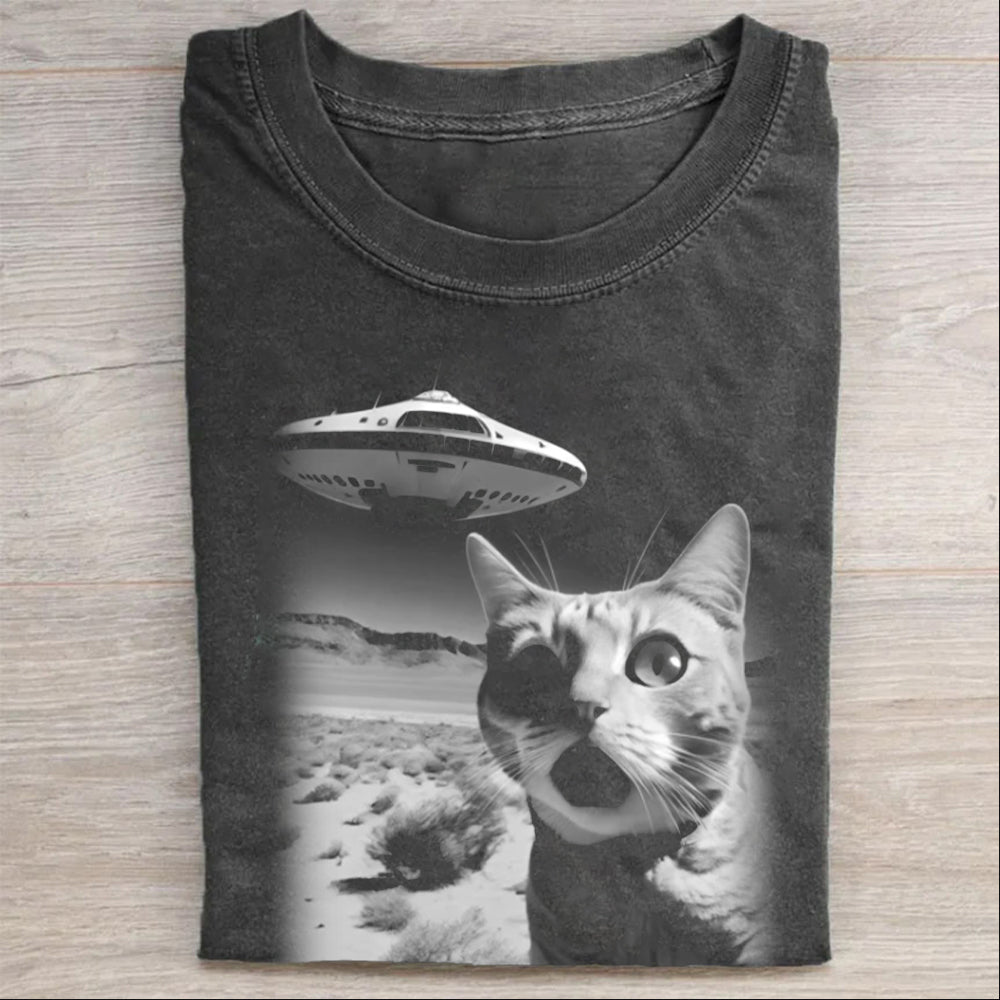 Cat Selfie With UFO Washed Cotton T-Shirt Unique Cat Merch Best Gift For Cat Owners