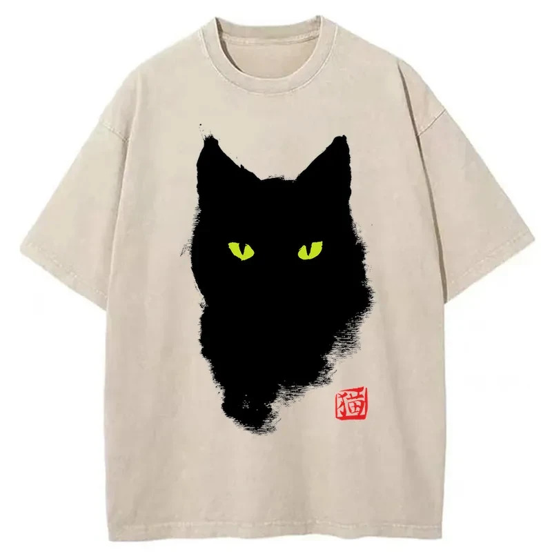 Cat Sharp Gaze Washed T-Shirt Minimal Retro Graphic Clothing Gifts For BFF