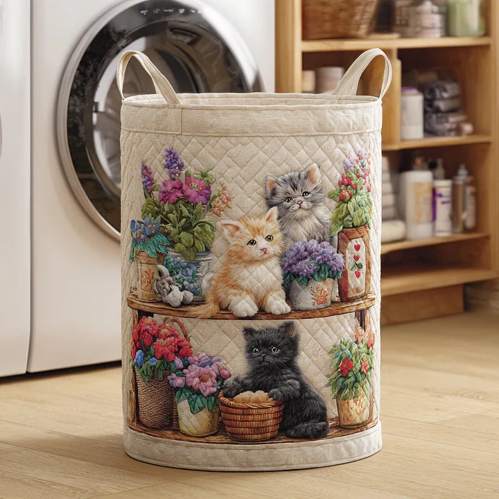 Cat Shelf Quilted Laundry Basket Stacked Cats Boho Home Decor Cute Gift For Cat Lovers