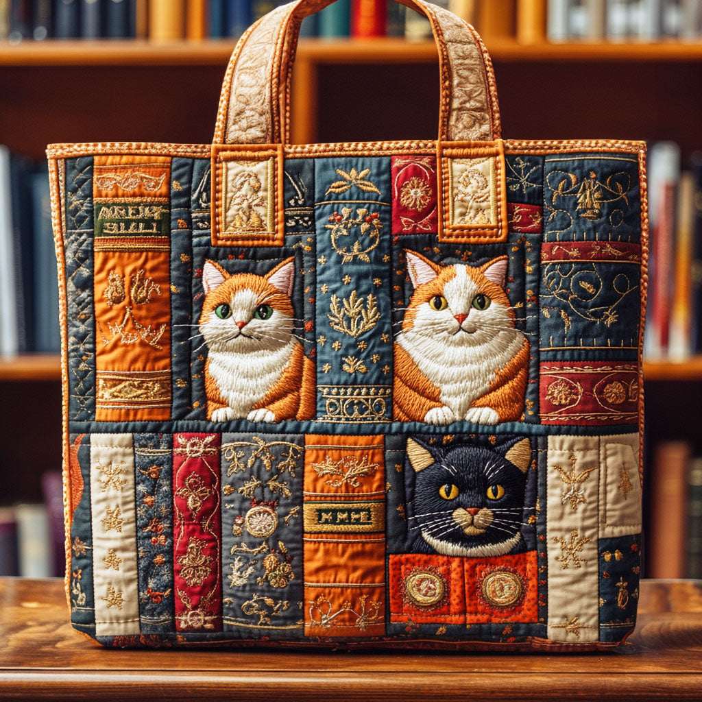 Cat Shelf Stories Quilted Tote Bag Best Gifts For Book Lovers