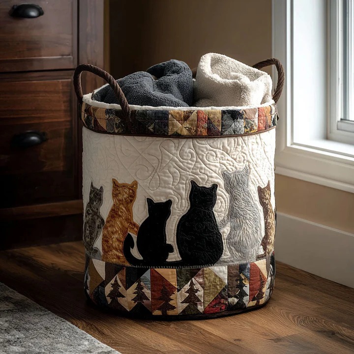Cat Silhouette Quilted Laundry Basket Cat Lover Storage Bin Best Gift For Cat Moms