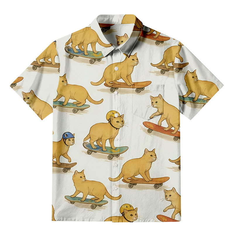 Cat Skateboarding Button Up Shirt Animal Themed Classic Shirt Gifts For Cat Lovers