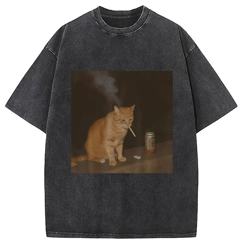 Cat Smoking Funny Meme Washed T-Shirt Funny Graphic Gift For Friends Gifts For Him
