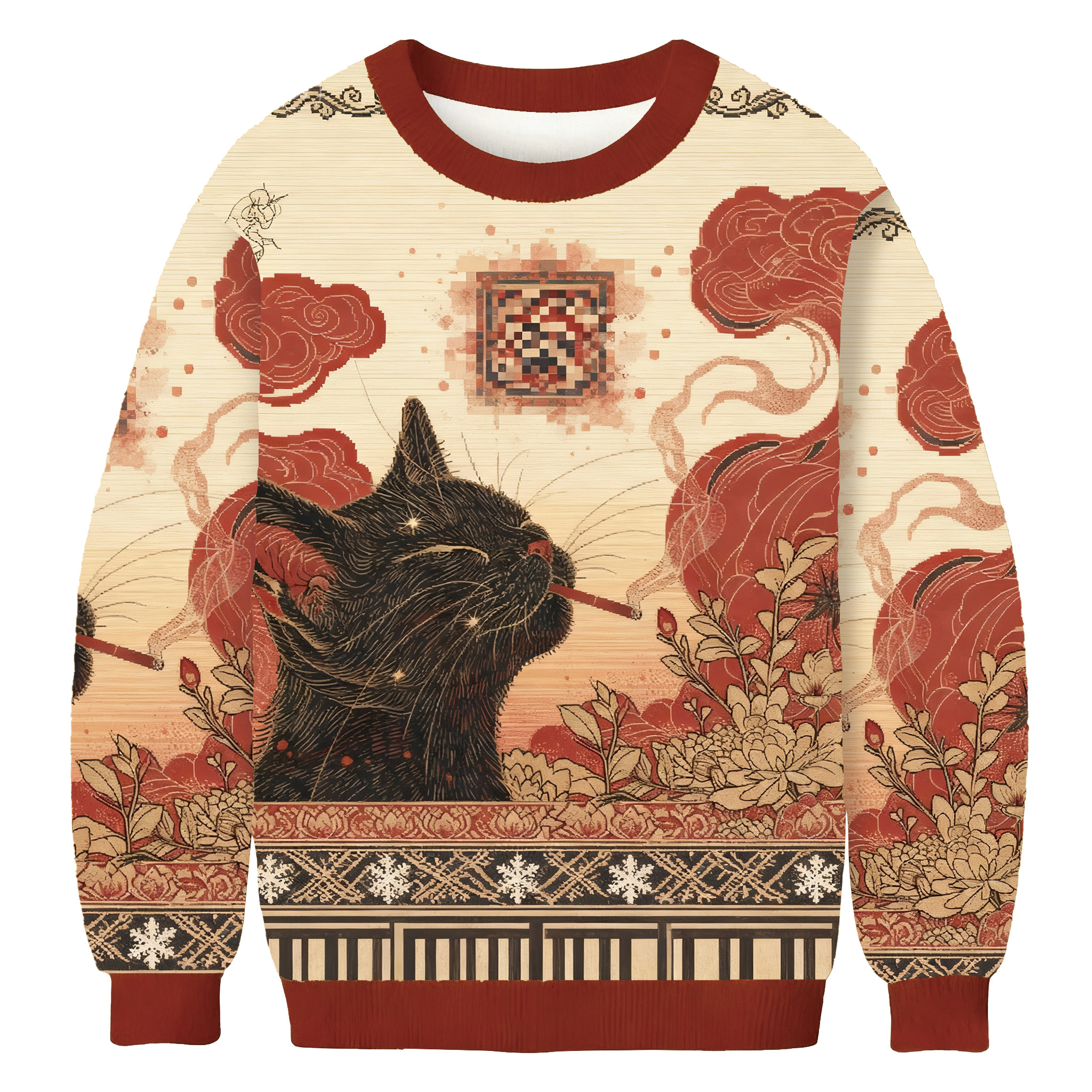 Cat Smoking In Artistic Floral Scene Christmas Ugly Sweater Xmas Outfits Good Christmas Gifts