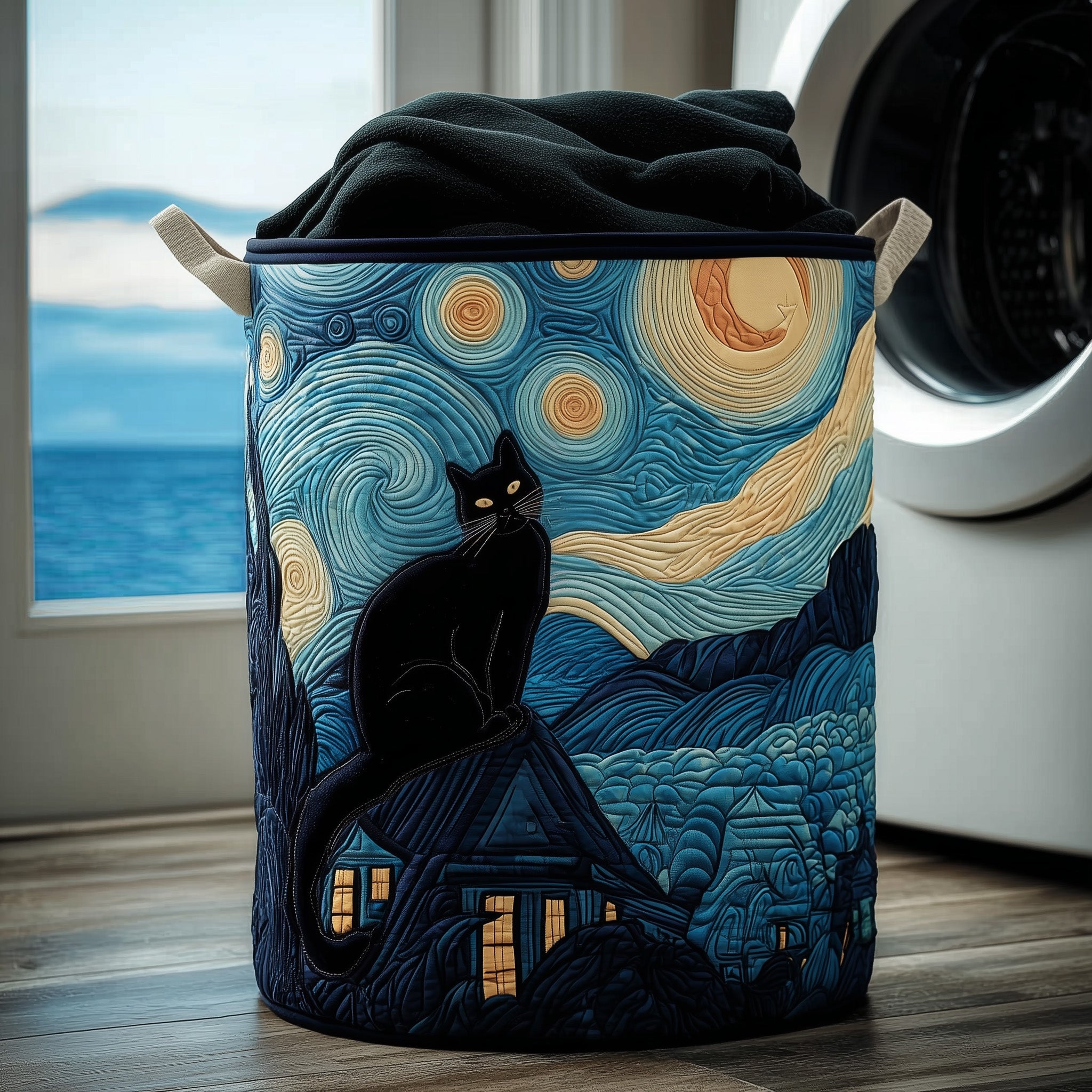 Cat Starry Night Quilted Laundry Basket Starry Night Present For Cat Owners