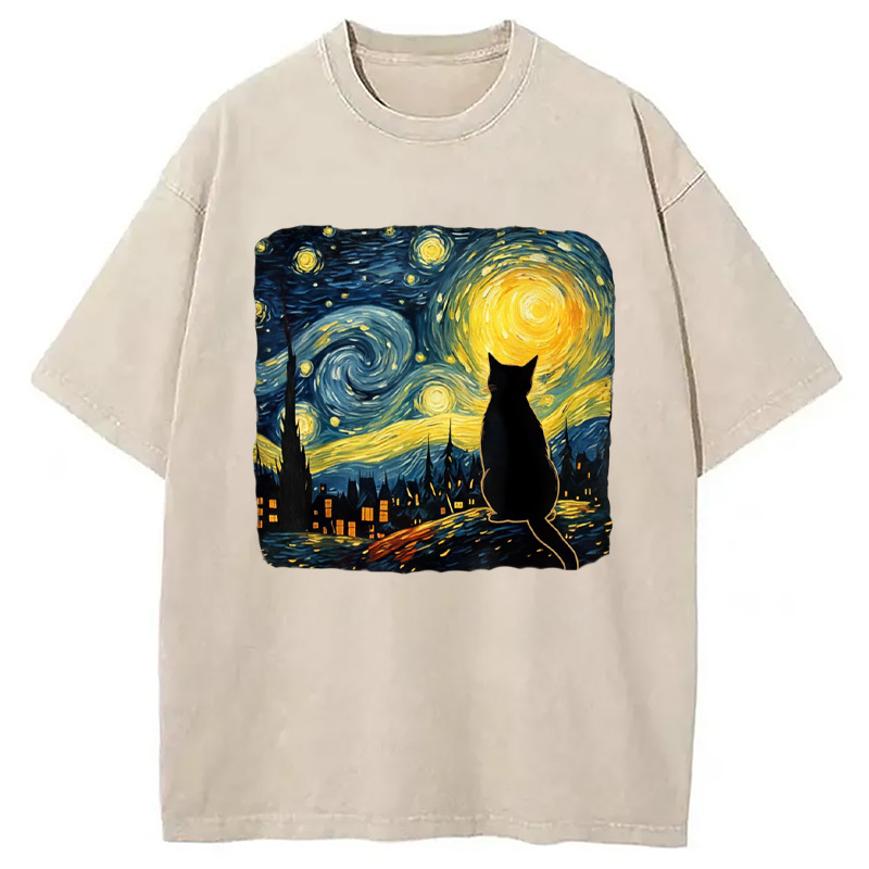 Cat Starry Night Washed T-Shirt Retro Humor Graphic Top Gifts For Besties