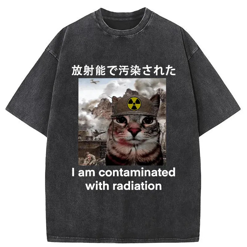Cat Suffering From Nuclear Radiation Washed T-Shirt Casual Oversized Outfit Style Gifts For Brother
