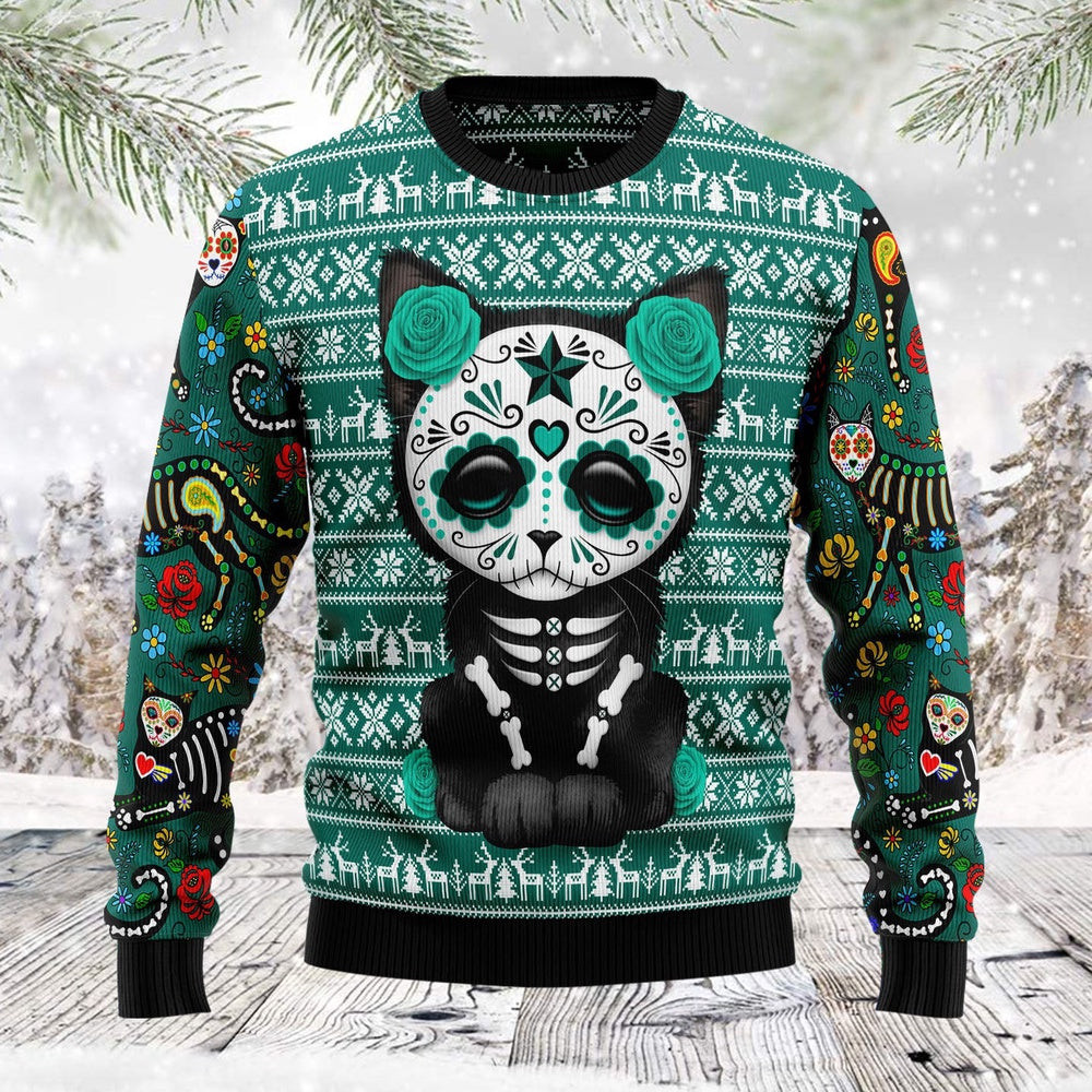 Cat Sugar Skull Unisex Womens Mens Couples Matching Friends Cat Lover Cat Mom Funny Family Ugly Christmas Holiday Sweater Gifts