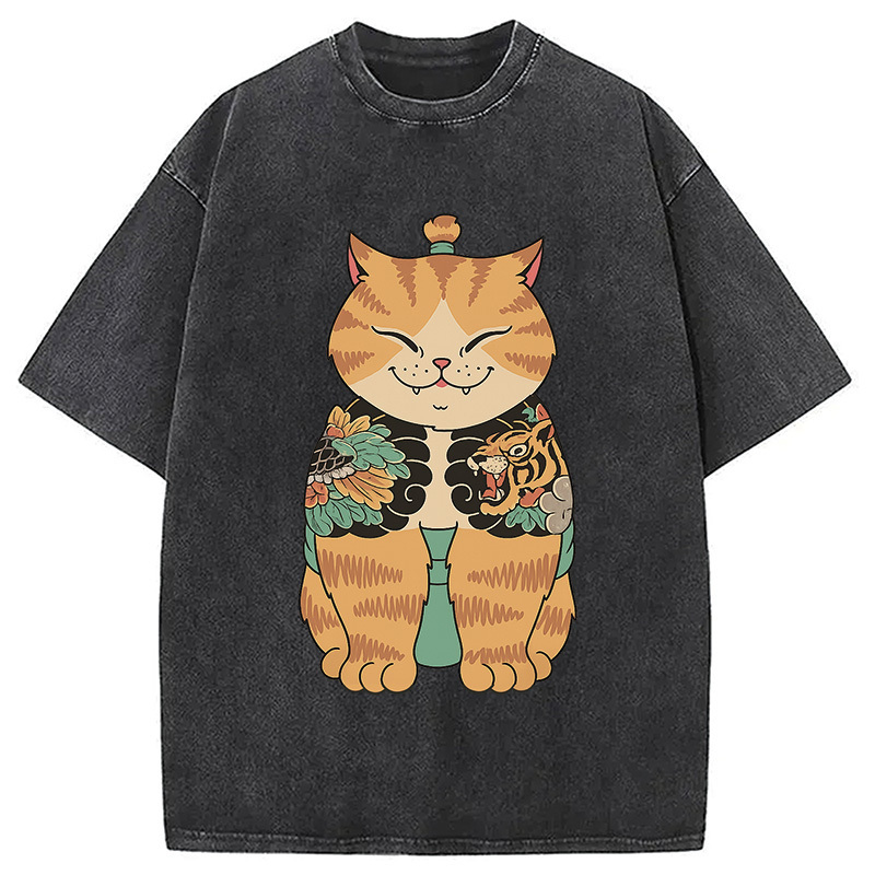 Cat Sumo Washed T-Shirt Trendy Everyday Casual Outfit Gifts For Sister