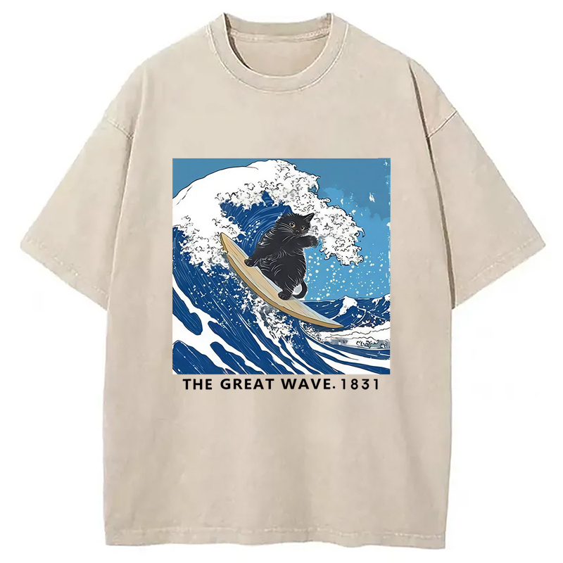 Cat Surfing Funny Washed T-Shirt Unisex Streetwear Graphic Style Gifts For Her