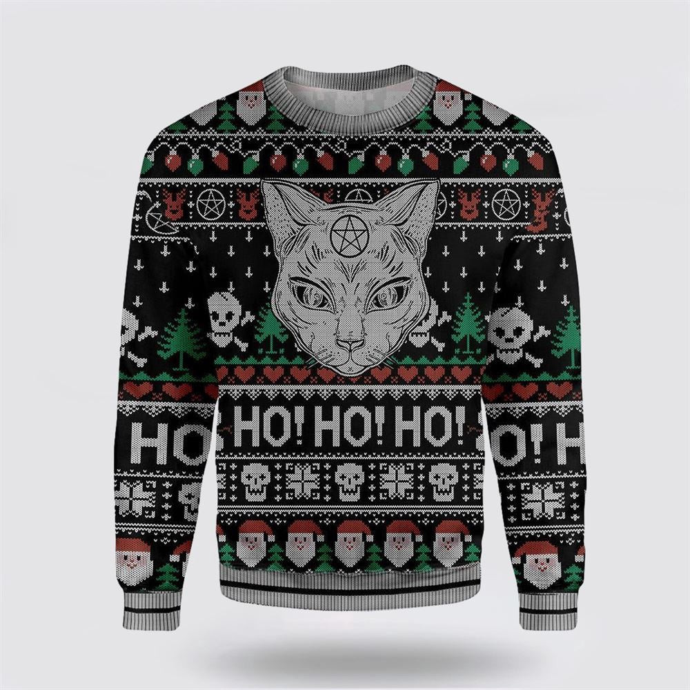 Cat Sweater Wicca Black Cat Ho Ho Ho Christmas Pattern Ugly Sweater Christmas Unisex Sweater Funny Christmas Sweater