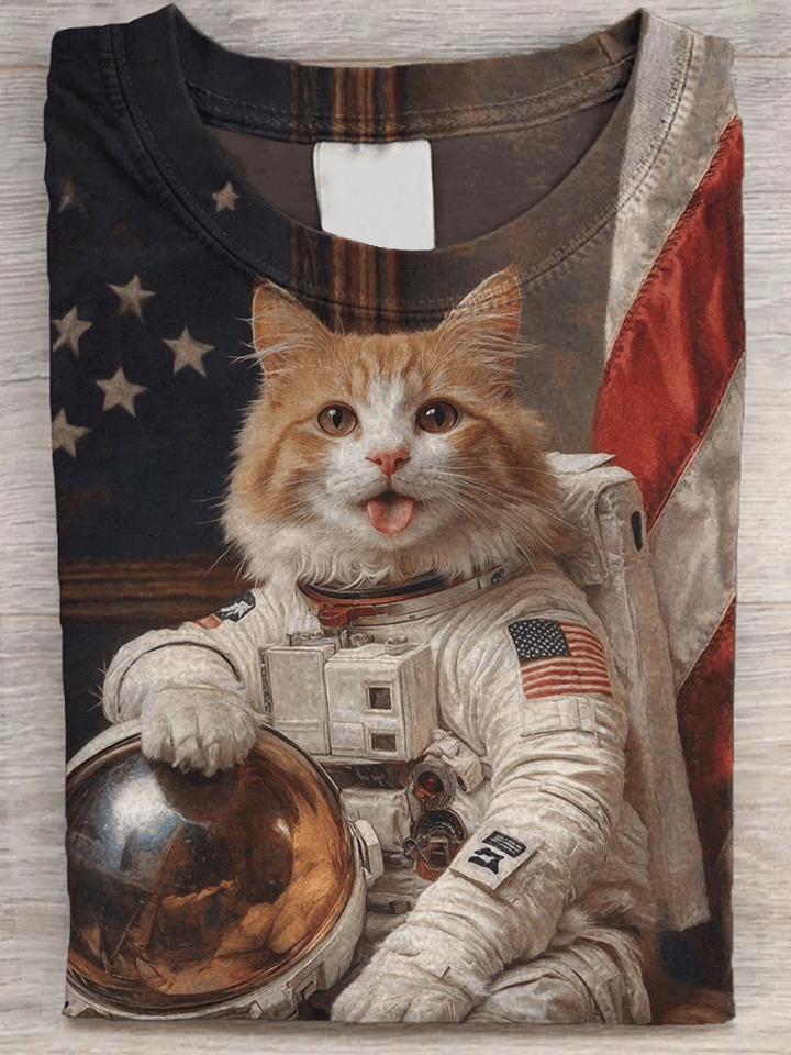 Cat T-Shirt Cat Astronaut America Flag Funny Shirt Present Ideas For Friends