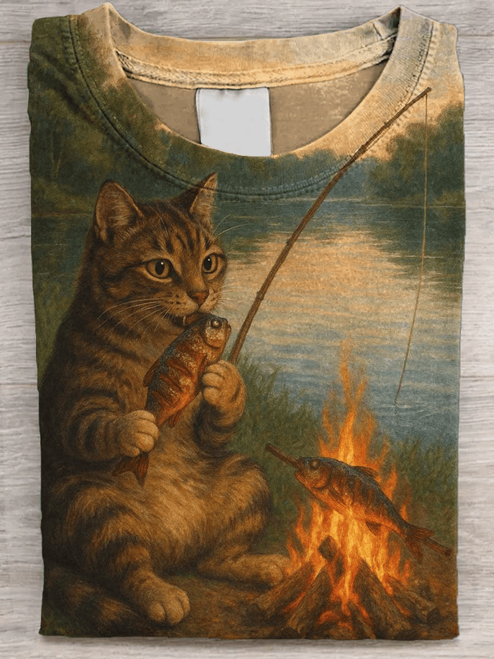 Cat T-Shirt Cat Grilled Fish On The Riverbank Funny Shirt Gift Ideas For Friends