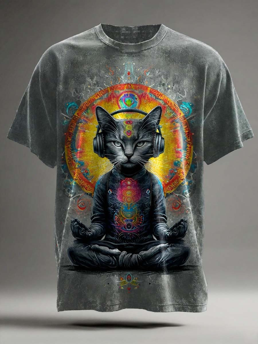 Cat T-Shirt Meditating Cat Psychedelic Yoga Cosmic Mandala Gifts Ideas For Him
