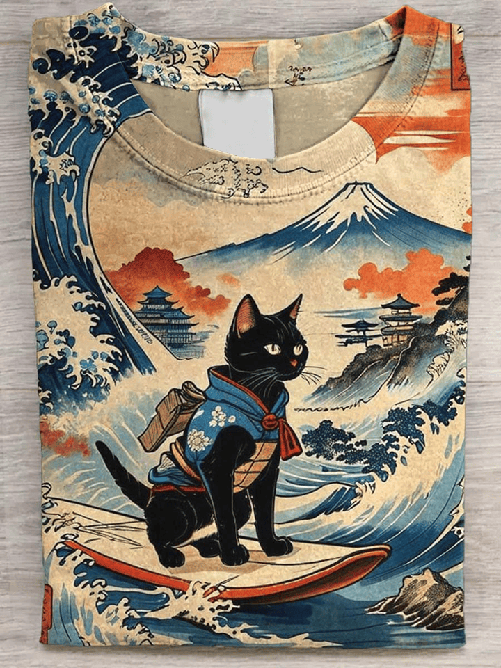 Cat T-Shirt Surfing Cat Japanese Landscape Funny Shirt Gifts For Friends