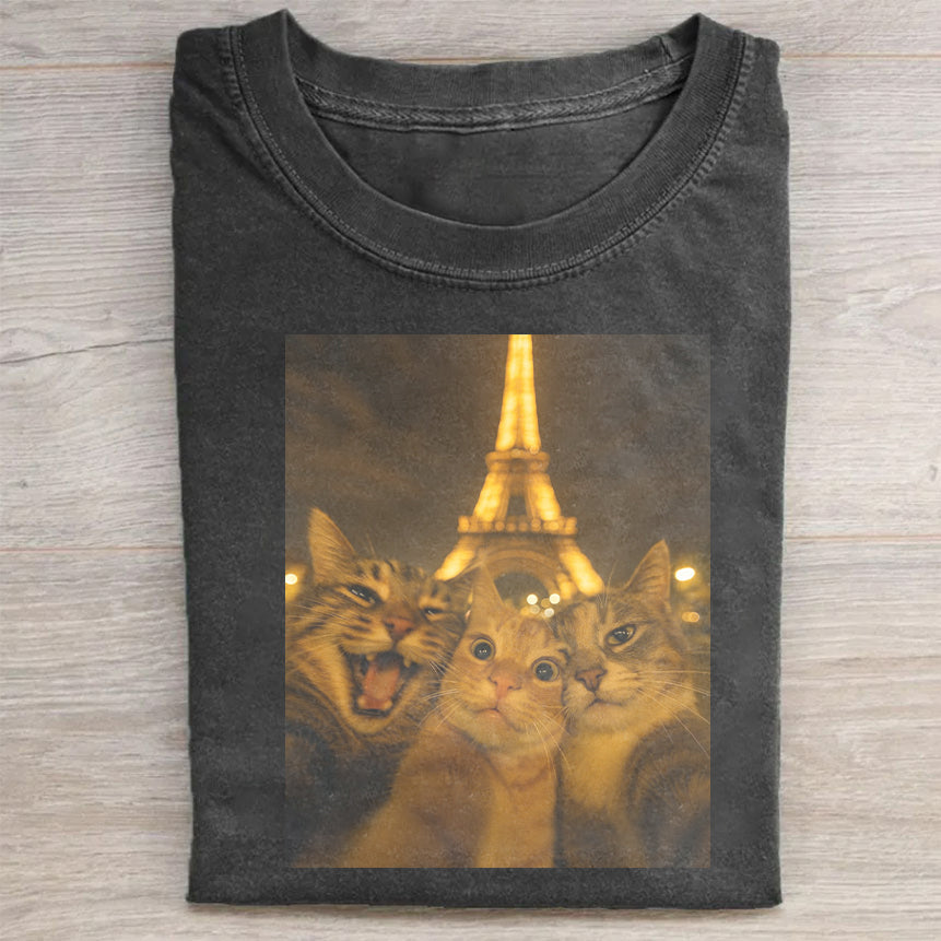 Cat Taking Selfie With Eiffel Tower Funny T-Shirt Funny Pet Merch Best Gift For Cat Owners