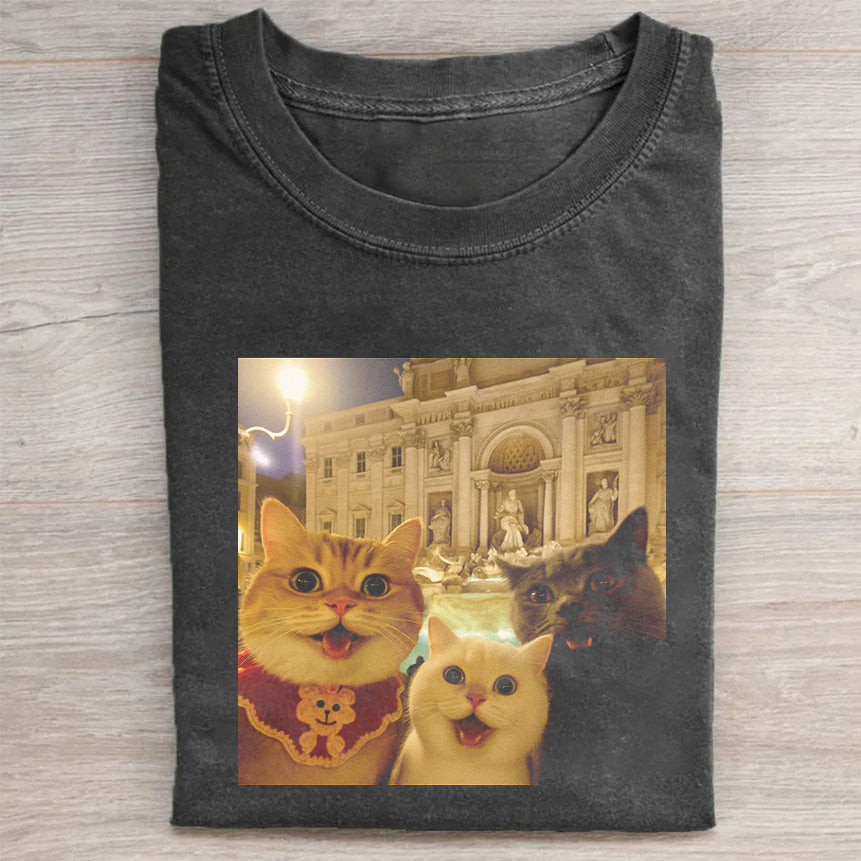 Cat Taking Selfie With Trevi Fountain Funny T-Shirt Travel Cat Lovers Merch Best Gift For Pet Owners