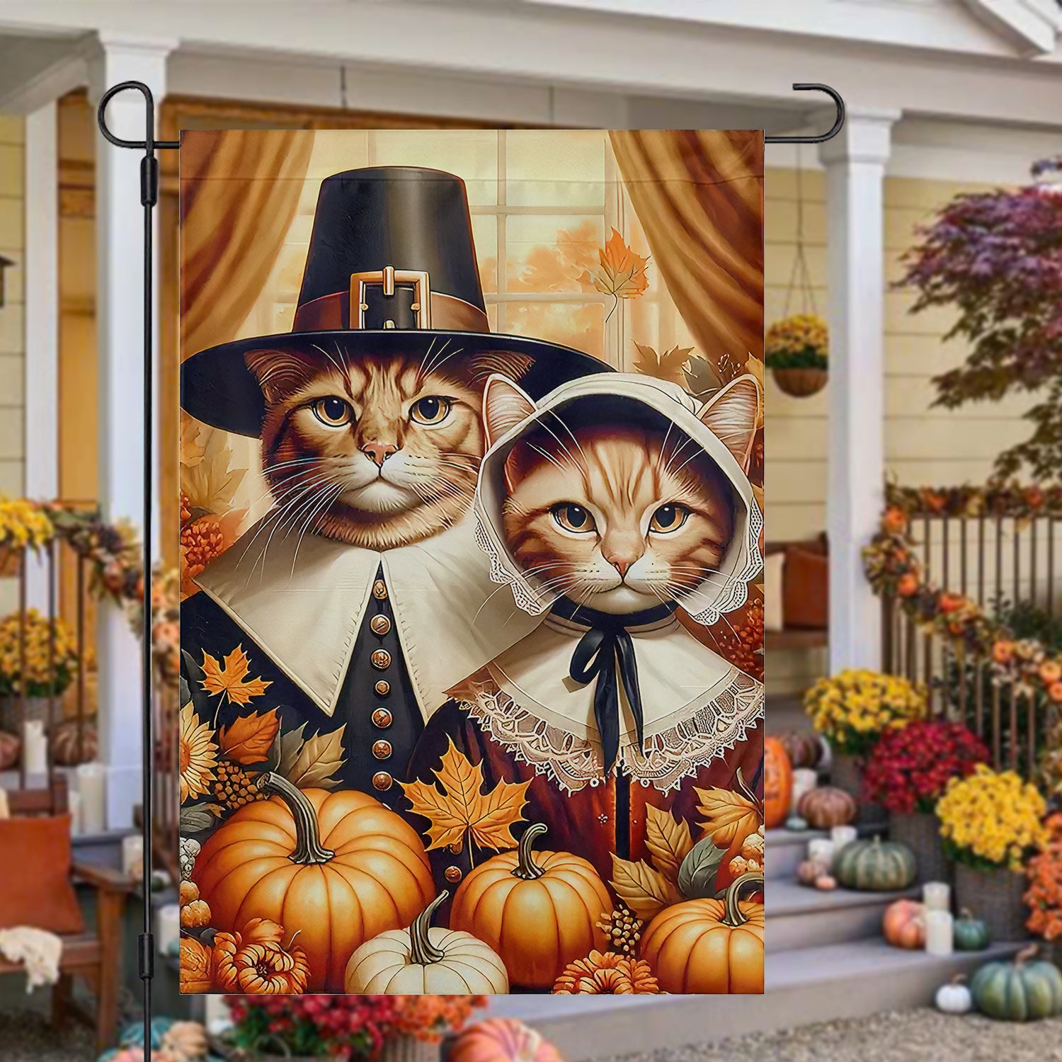 Cat Thanksgiving Flag Kitty Couple Thankful Season Pumpkin Vibe Yard Decor Gift For Cat Lovers