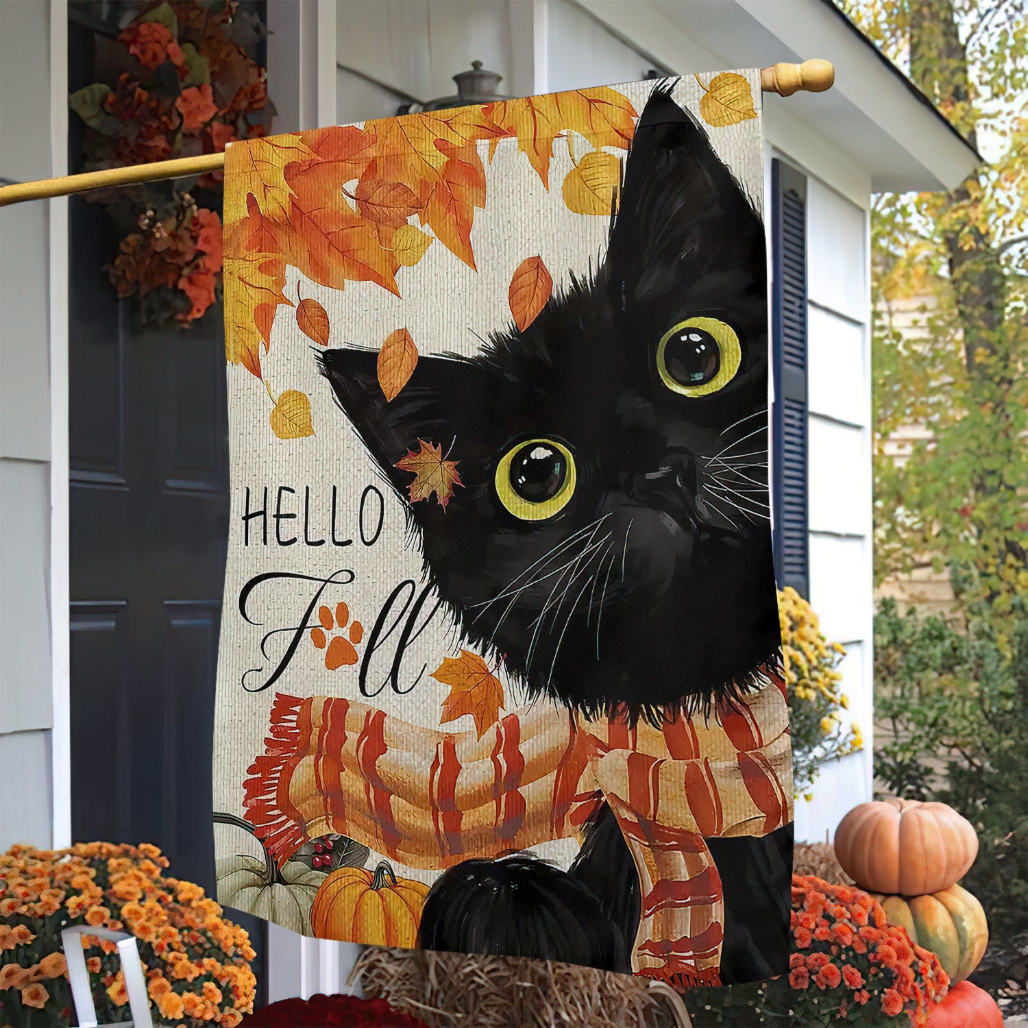 Cat Thanksgiving Garden Flag Black Kitty Hello Fall Maple Leafs Vibe Gift For Cat Lovers