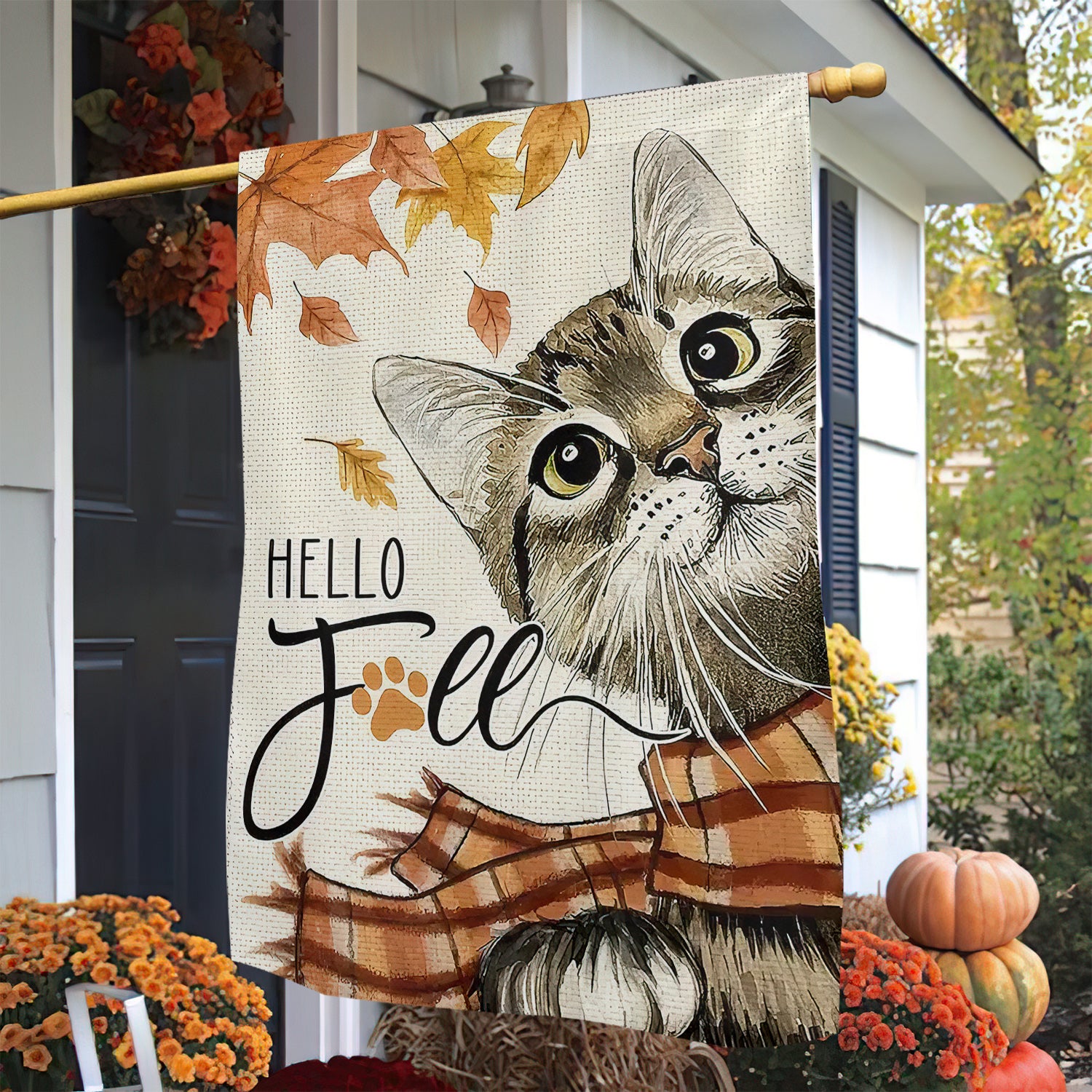 Cat Thanksgiving Garden Flag Hello Fall Kitty Outdoor Decor Gift For Cat Lovers