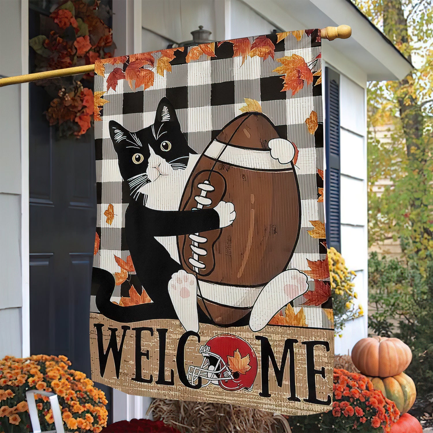 Cat Thanksgiving Garden Flag Kitty With Rugby Ball Thankful Season Yard Decor Gift For Cat Lovers
