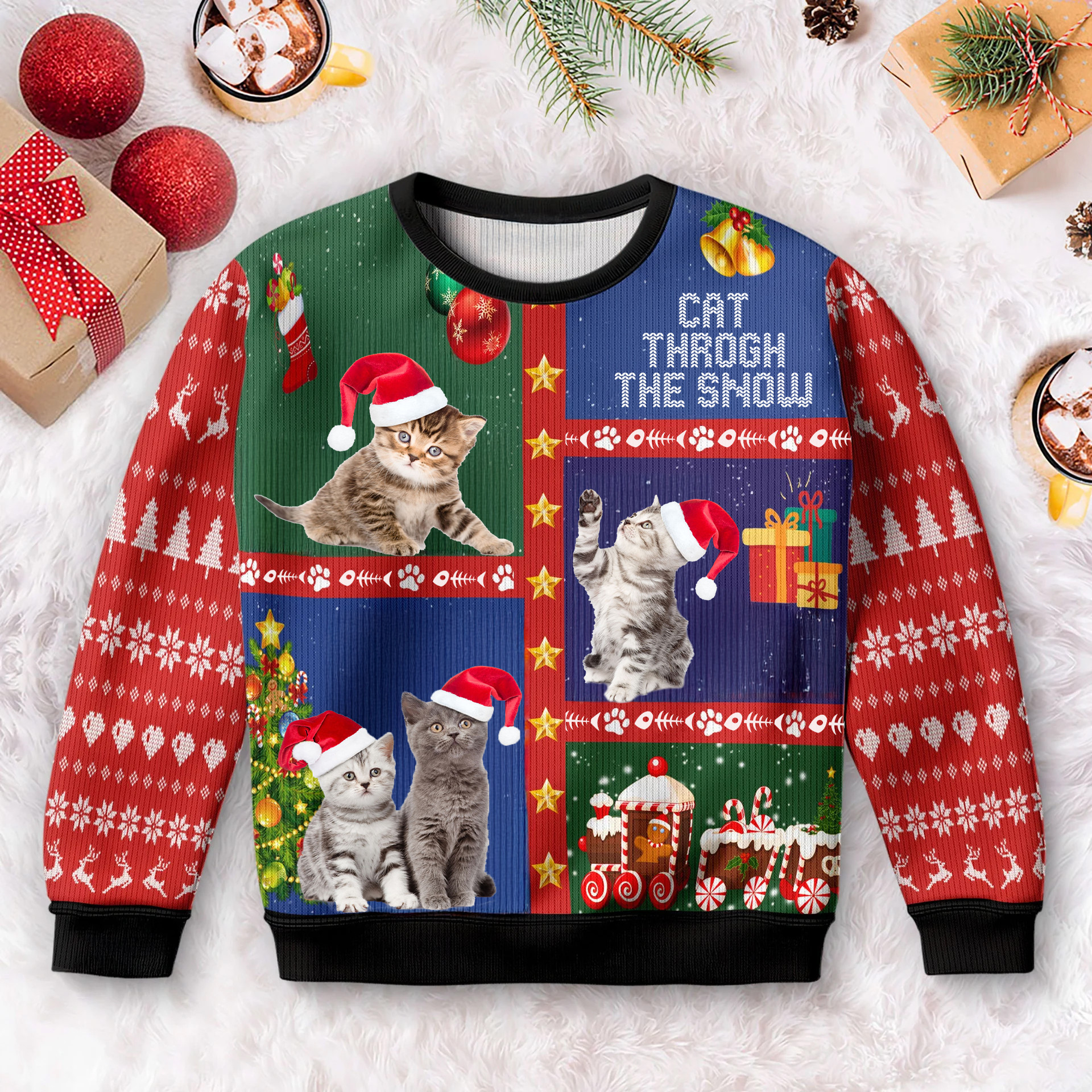 Cat Through The Snow Ugly Christmas Sweater Cute Xmas Sweater Gifts For Cat Lovers