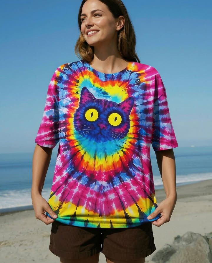 Cat Tie Dye T-Shirt Funny Graphic Shirts Gifts For Cat Lovers For Women's