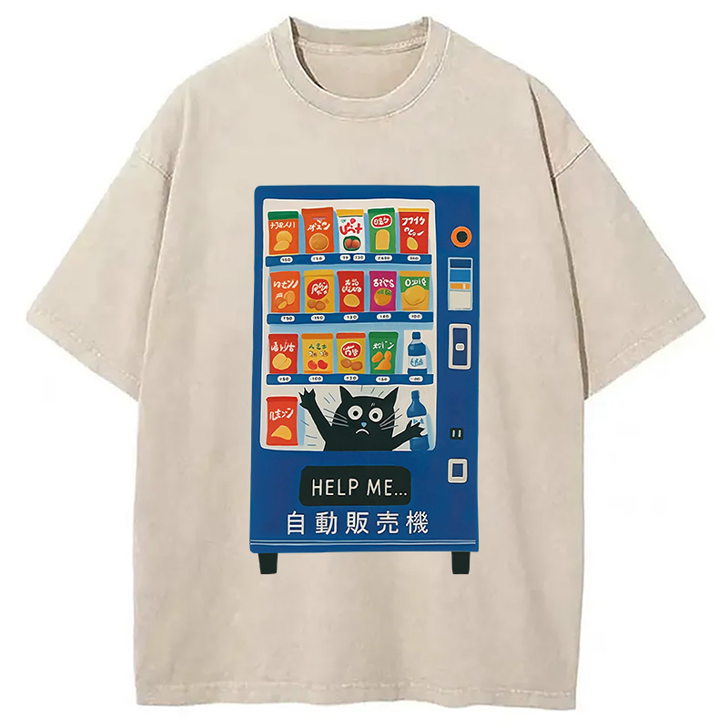 Cat Trapped In A Vending Machine Washed T-Shirt Classic Graphic Fashion Tee Gifts For BFF