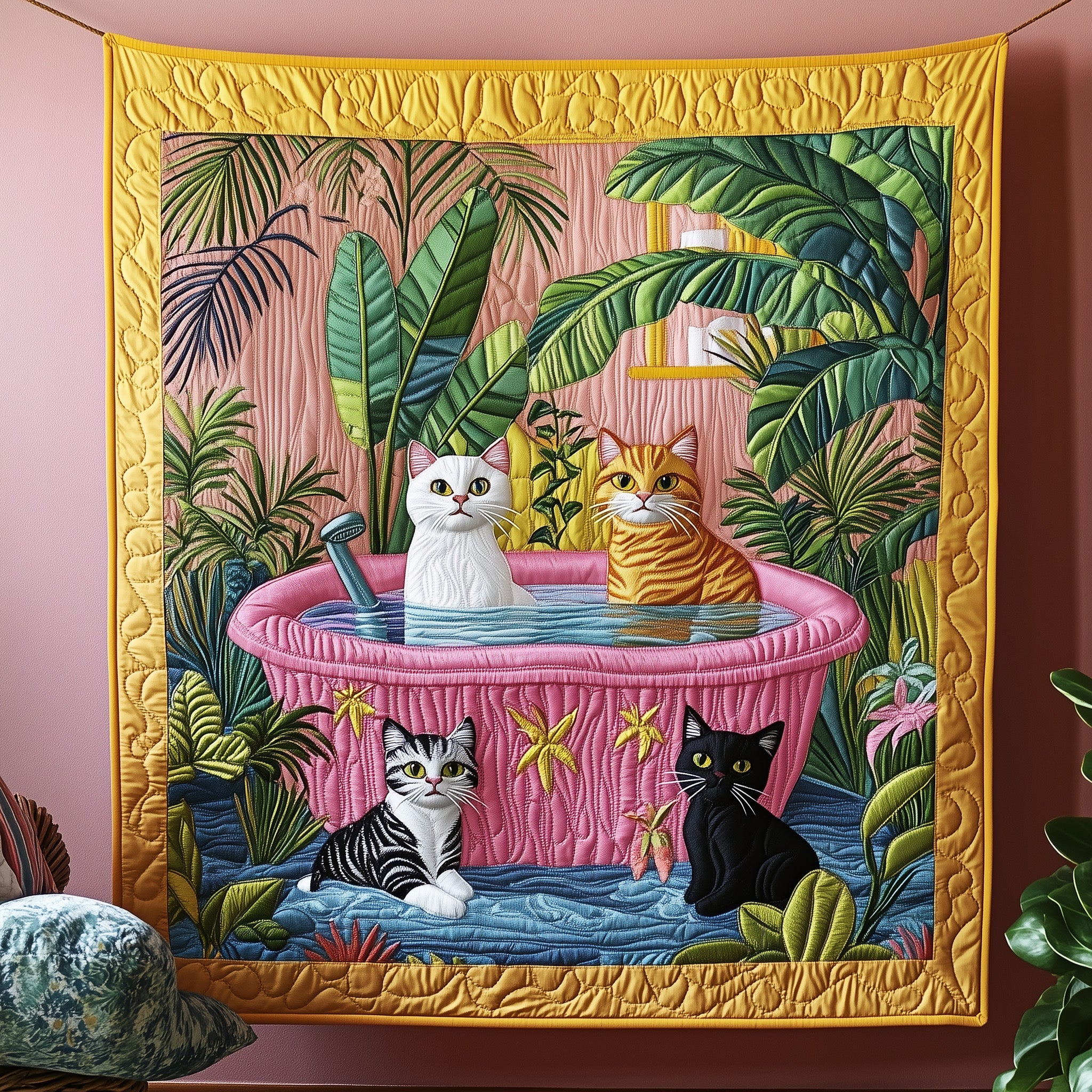 Cat Tropical Bathtub Quilted Blanket Merchandise Throw BlanketCat Lover Gifts For Her