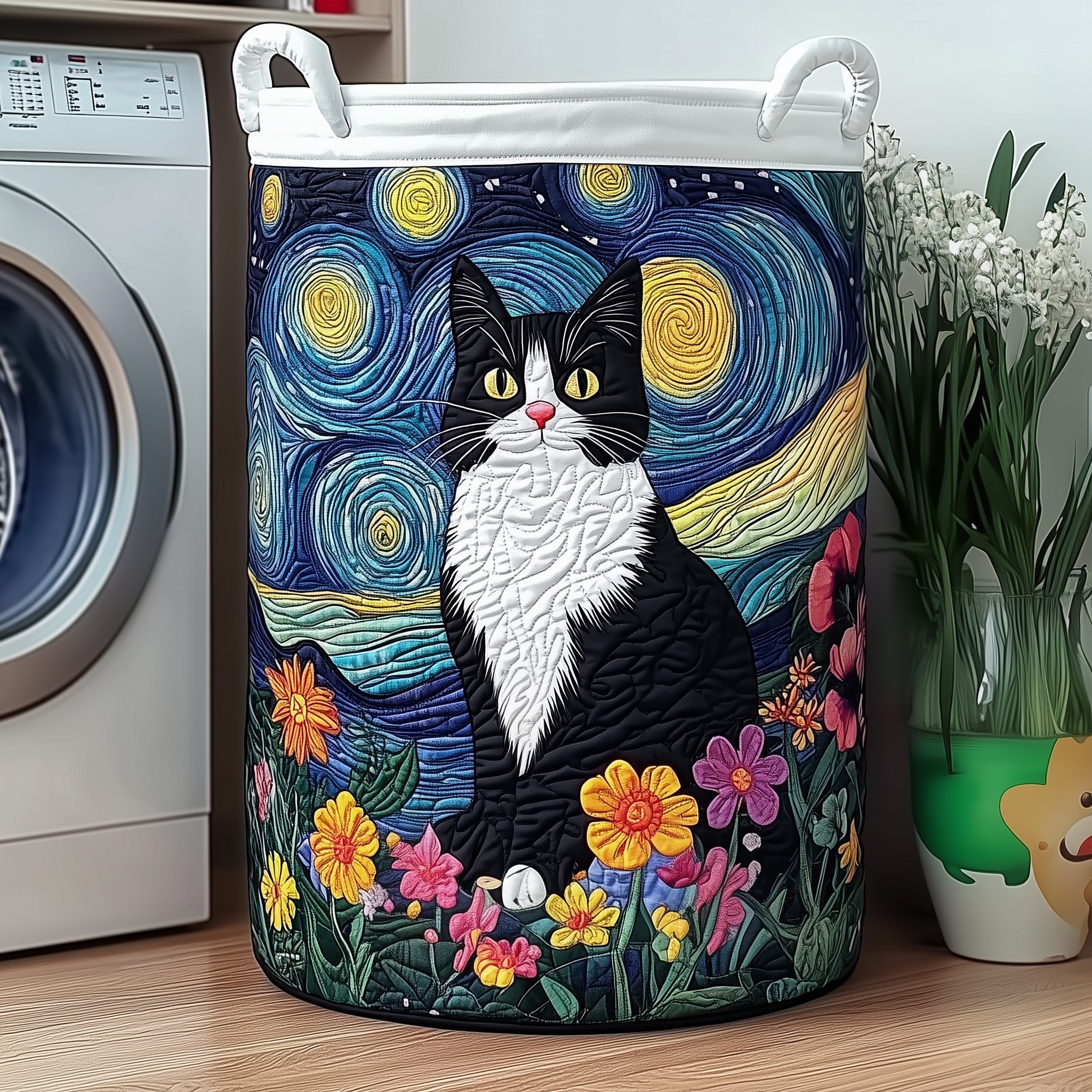 Cat Under Starry Night Quilted Laundry Basket Perfect Gift For College Dorm