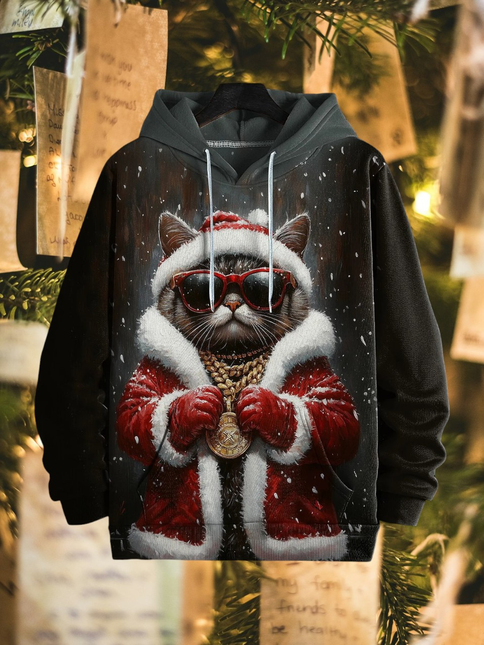 Cat Wearing Glasses With Medal Christmas Holiday Hoodie Snowflake Funny Clothes Gifts For Cat Lovers