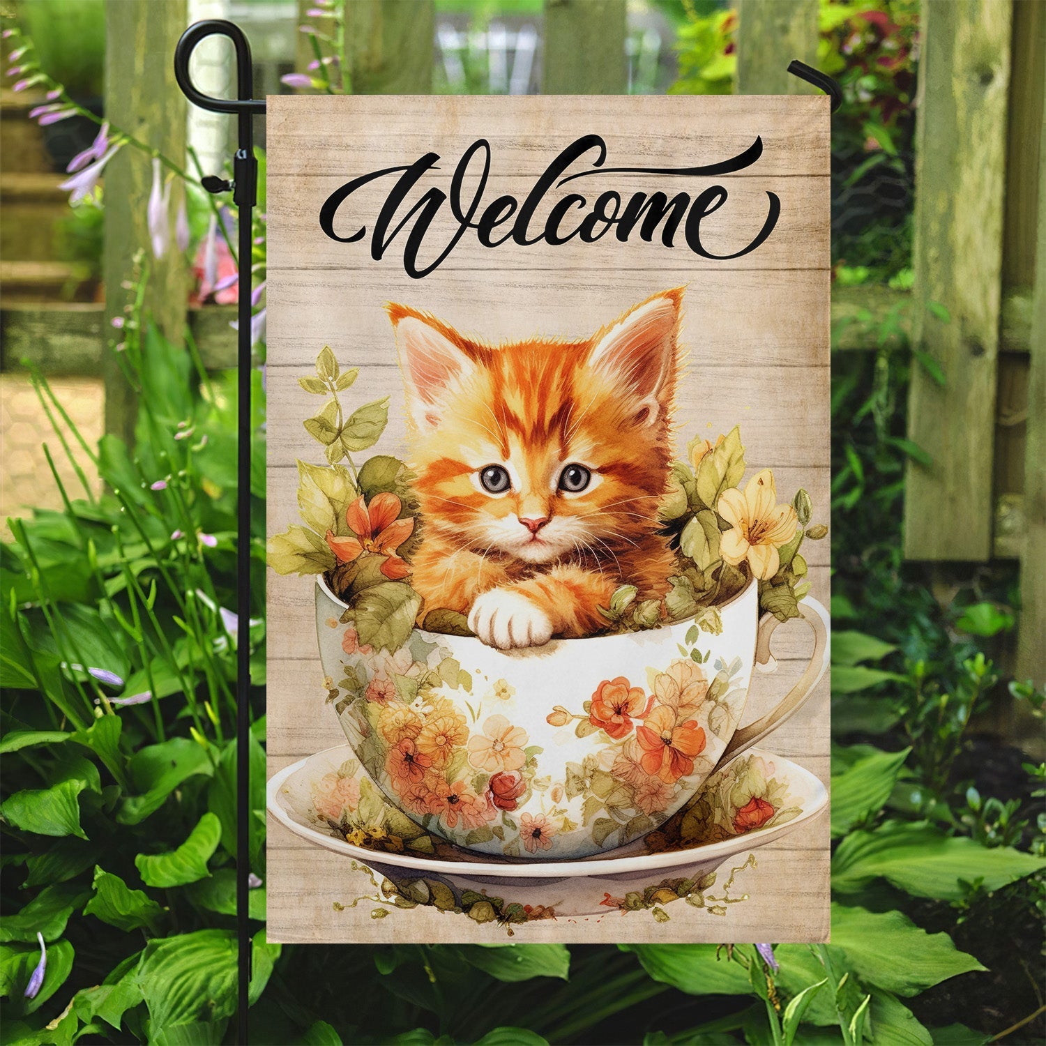 Cat Welcome To My Garden Flag Floral Themed Home Decor Gift For Cat Lovers